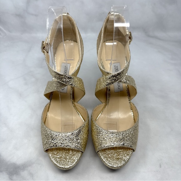 Jimmy Choo April 120 Metallic Foil Leather Platform Sandal Block Heels Gold 39 - Picture 5 of 16
